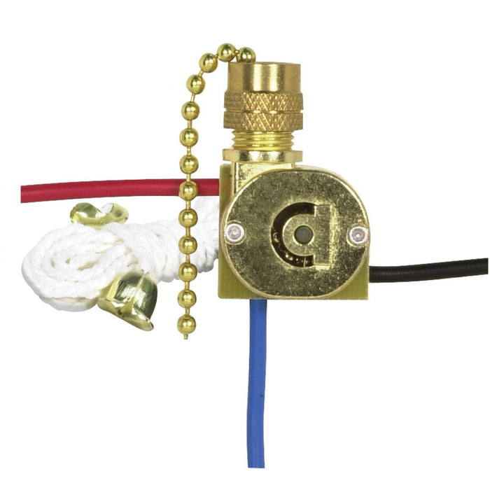 Satco 90-2260 3-Way Canopy Switch 2 Circuit 4 Position With Metal Chain, White Cord And Bell 6A-125V, 3A-250V Rating Brass Finish