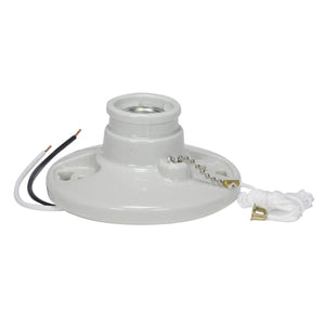 Satco 90-2639 Glazed Porcelain On-Off Pull Chain Ceiling Receptacle 7" AWM B/W Leads 105C Screw Terminals 4-3/8" Diameter 250W 250V