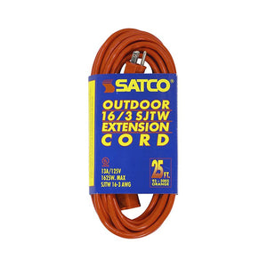 Satco 93-5005 25 Foot Orange Heavy Duty Outdoor Extension Cord 16/3 Ga. SJTW-3 Orange Cord With Sleeve 13A-125V 1625W