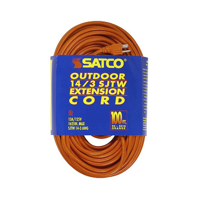 Satco 93-5010 100 Foot Orange Heavy Duty Outdoor Extension Cord 14/3 Ga. SJTW-3 Orange Cord With Sleeve 13A-125V 1625W