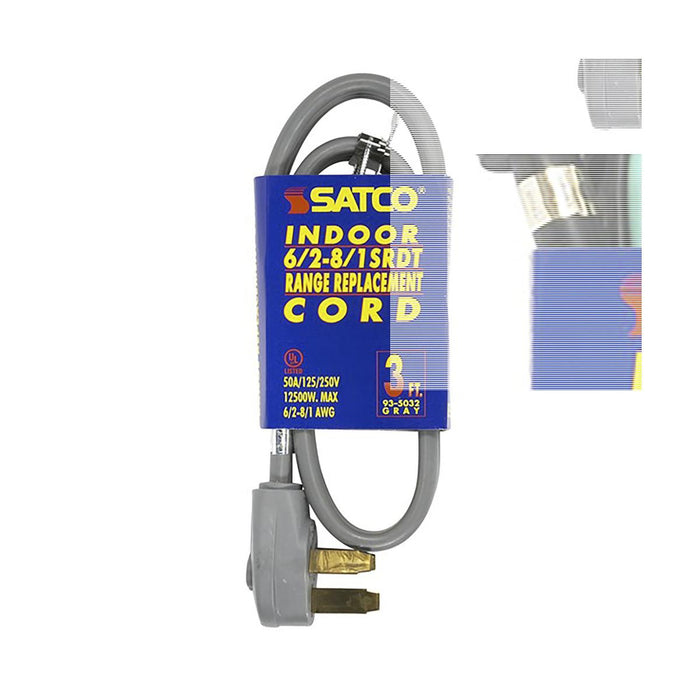 Satco 93-5032 3 Foot, 3 Wire Heavy Duty Replacement Range Cord 6-2 - 8-1 SRDT Gray Flat Indoor Use Only 50A/125V-250V 12500W