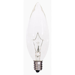 Satco S4995 25 Watt BA9 1/2 Incandescent Clear 2500 Average rated hours 212 Lumens Candelabra base 120 Volt
