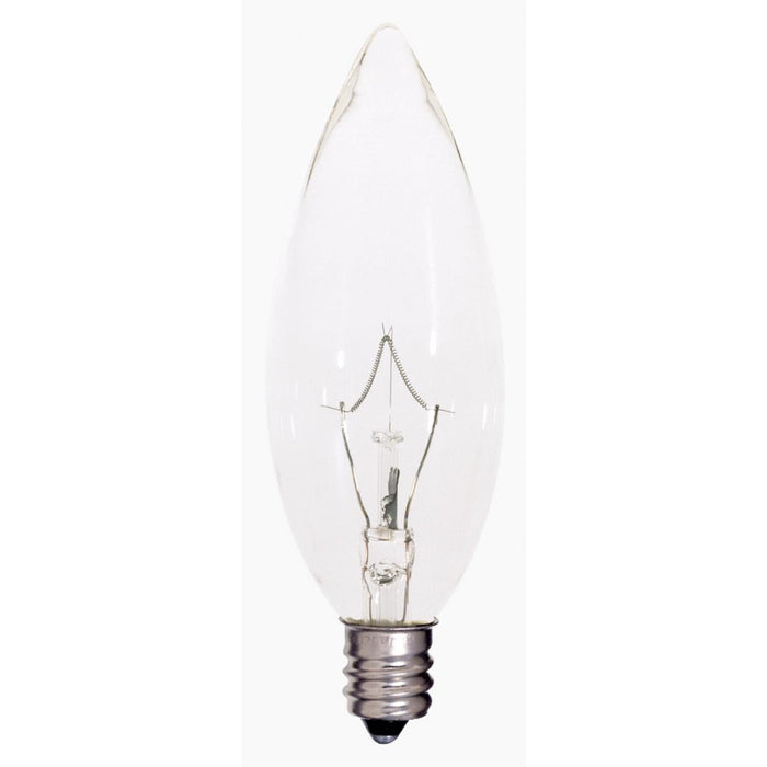 Satco S4995 25 Watt BA9 1/2 Incandescent Clear 2500 Average rated hours 212 Lumens Candelabra base 120 Volt