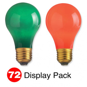 Satco S6096 Display Pack 72 Total Lamps A19 25 Watt Incandescent Medium Base 36 Red 36 Green 1000 Average rated hours 130 Volt